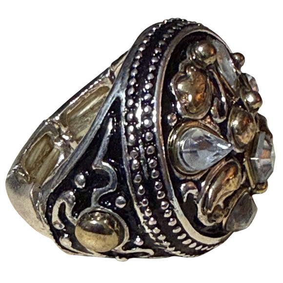 Statement Ring Multi Gemstone Gold and Silver Tone Mixed Metal Adjustable Band - Picture 6 of 12